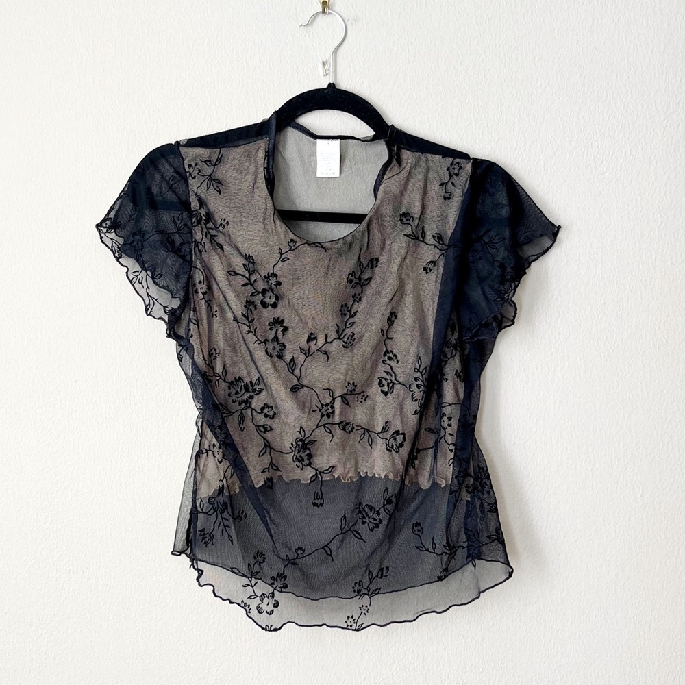 Black sheer mesh floral embroidered top